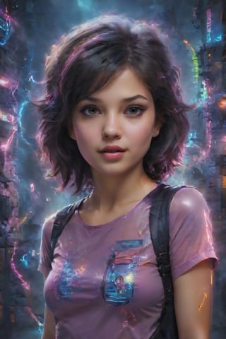 In a gritty cyberpunk metropolis, Dora the Explorer morphs into a stunning digital painting, bathed in neon hues and high-contrast lighting. Her portrait, akin to Henriette Kaarina Amelia von Buttlar's realistic artwork, exudes fashion sense and tenacity. Framed by towering skyscrapers and holographic advertisements, Dora's striking visage dominates the composition, her eyes gleaming like LED lights in a darkened alleyway. Amidst this dystopian landscape, her pose screams defiance, as if ready to conquer the virtual realm with nothing but a backpack full of digital gadgets.,Supersex