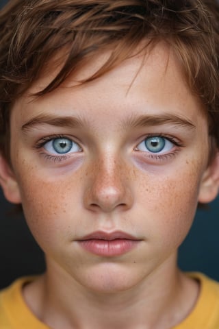 a boy with brown hair and blue eyes is the focal point of this close-up portrait. he's dressed in a mustard-colored t-shirt, his gaze directed straight into the camera. his face is marred by freckles, adding a touch of authenticity to his appearance. the backdrop is a stark black, providing a stark contrast to the boy's face and attire.