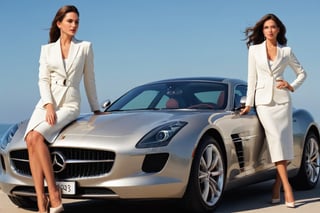 

An enticing advertisement featuring a stylish woman donning a stunning outfit, posing confidently with a sophisticated car, showcasing a luxurious lifestyle. The image incorporates a minimalist design, while highlighting the woman's elegance and the car's sleek lines. The advertising campaign aims to capture the attention of potential buyers and leave a lasting impression of the brand.