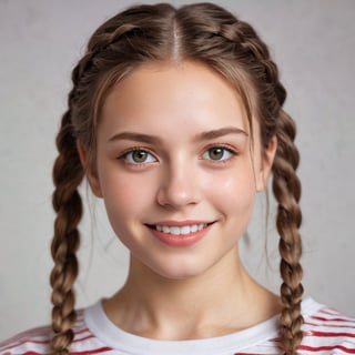 in a medium, eye-level shot, a fair-skinned young girl with long blonde hair and green eyes is captured in a close-up portrait against a stark white backdrop. she's dressed in a white and red striped t-shirt, which features a round neckline and short sleeves. her hair is braided into two pigtails, each ending in a braid. her eyes are wide open, and she's smiling slightly. her mouth is slightly ajar, revealing a hint of teeth. her skin is fair and lightly tanned, and her hair is a soft, light brown. her gaze is directed at the viewer, and she's looking directly into the camera.