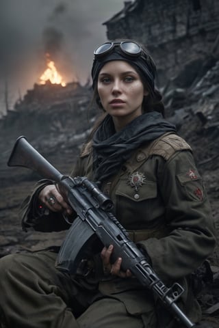 A dark, mystical aura surrounds Soviet sniper Lyudmila Pavlichenko as she crouches atop a ruined WW2 battlefield, her eyes glowing with an otherworldly connection to Lady Death. Donning Soviet sniper attire, she holds a rifle adorned with enchanted bullets and demonic tattoos. Her spectral aura radiates an intense determination, fueled by vengeful fury against the Nazi regime.

Composition: Lyudmila's figure dominates the frame, with the ruined battlefield serving as a haunting backdrop. The lighting is dim, with only a hint of moonlight illuminating her mystical abilities. The overall aesthetic is dark and foreboding, reflecting the harsh realities of war.

Keywords: Photorealistic Images, Character Mix, Alternate WW2 Setting, Supernatural Powers, Dark Aesthetics, Soviet Sniper Attire, Enchanted Bullets, Demonic Tattoos, Spectral Aura, Lady Death Comic Series Inspirations, WW2 Battlefield, Supernatural Forces, Nazi Regime, Dark Mystical Allies, Fierce Determination, Tactical Prowess, Vengeful Demeanor, Unwavering Commitment.