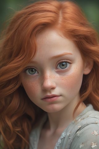 there is a young girl with red hair and a freckled face, wiggly ethereal being, fine detail post processing, inspired by Mark Arian, closeup of an adorable, world best photography, professionally post - processed, wind kissed picture, sharpened image, esty, by Andrew Robertson, real image, a picture,1girl