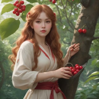  Cute girl gathering cherries on a tree, very long hair, reddish blonde, perfect body, cute face, curvy , insanely detailed art, Renoir Sorolla Degas manet, 8k resolution, lusciously drawn, soft render, ray tracing, unreal engine 5, illustration, by Beeple, WLOP, J. C. Leyendecker stalenhag, Mucha Katsuhiro Otomo by Ruan Jia and Mandy Jurgens and Artgerm and William-Adolphe Bouguereau, featured on artstation, anime style, 4k, in focus, details, hyper realistic,2d rays, cinematic composition, majestic light, 8k resolution, masterpiece, high resolution, award, epic scenery, dark fantasy environment, dnd character Scrolls squats, official studio and professional visual novel cover, fan deviantart Studio,at studio and professional video, by James wain and by Roger Dean and by Ross Tran and by Peter miyakoAnki