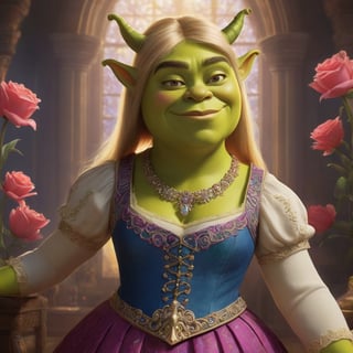  This artwork is a detailed, fantasy-based illustration featuring Trump as Shrek. The portrait depicts a miniature version of Shrek wearing a realistic skirt and blouse with a pretty face. The background showcases an iridescent glow with claws and a high fashion theme. The character design incorporates elements such as meats, corsets, embroidery, and an intricate key pose. The lighting is clean and sultry, with shadows and vivid flowers enhancing the overall visual appeal. Rich, vivid colors add depth and dimension to this concept artwork.