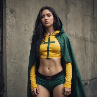 Against a gritty, urban backdrop of a concrete wall with a single window framing the scene, a heroine stands tall. She wears a striking yellow and green suit adorned with a bold cross on her chest, paired with a black jacket and hooded cape flowing behind her. Long, snowy locks cascade down her back as she poses with confidence, one hand resting on her hip and the other on her thigh. Her piercing gaze meets the camera's lens, exuding determination and authority. The overall tone is dramatic and powerful, as if she's ready to leap into action at a moment's notice.