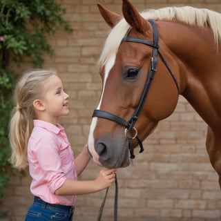 Eye-level indoors, a warm smile from the fair- skinned woman in a pink shirt greets us as she looks left. A child, also fair-skinned, stands before her, black helmet and red jacket a pop of color against blue jeans and black boots. The horse, light brown with a white mane, wears a red halter and white-red bridle, its nose gently touched by the child's left hand. In the stable, surrounded by brick walls adorned with vines and flowers, the scene is framed by the camera at eye-level, capturing the warmth of the woman's smile and the tender moment between the child and horse.