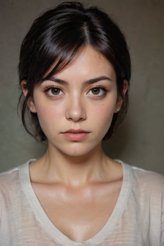 Close-up shot of a stern-looking woman in her mid-30s, with short dark hair and piercing brown eyes. Her expression is one of defiance, as she gazes directly into the camera lens. A police mugshot background serves as the backdrop, with a faint cityscape visible behind bars. Harsh overhead lighting accentuates the contours of her face, while a hint of redness around her eyes suggests a mix of anger and exhaustion. Her pose is straightforward, with one hand resting on her hip and the other holding the back of her head. The composition is simple yet effective, emphasizing the gravity of the situation.