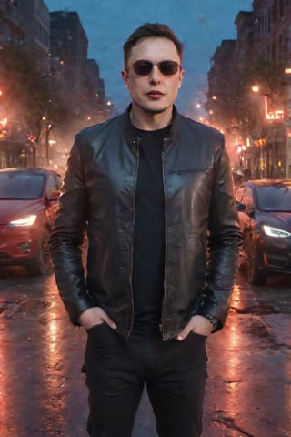 A darkened cityscape at dusk, with neon lights reflecting off the wet pavement. Elon Musk, dressed in a black leather jacket and sunglasses, stands tall, his eyes glowing red as he summons an army of miniature electric cars to do his bidding. His right hand holds a Tesla Cybertruck, its metallic body emblazoned with a sinister grin.