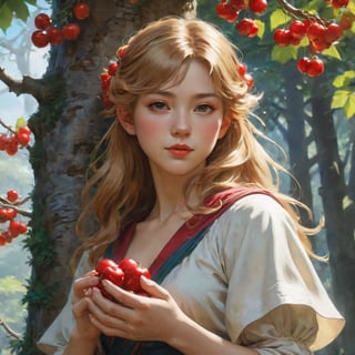  Cute girl gathering cherries on a tree, very long hair, reddish blonde, perfect body, cute face, curvy , insanely detailed art, Renoir Sorolla Degas manet, 8k resolution, lusciously drawn, soft render, ray tracing, unreal engine 5, illustration, by Beeple, WLOP, J. C. Leyendecker stalenhag, Mucha Katsuhiro Otomo by Ruan Jia and Mandy Jurgens and Artgerm and William-Adolphe Bouguereau, featured on artstation, anime style, 4k, in focus, details, hyper realistic,2d rays, cinematic composition, majestic light, 8k resolution, masterpiece, high resolution, award, epic scenery, dark fantasy environment, dnd character Scrolls squats, official studio and professional visual novel cover, fan deviantart Studio,at studio and professional video, by James wain and by Roger Dean and by Ross Tran and by Peter miyakoAnki