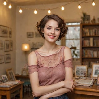 In a cozy, whimsical setting reminiscent of a vintage bookstore, the enchanting young muse stands amidst an eclectic living space, surrounded by the vibrant hues and textures of Antipodean art. Her wavy, short top hair adds a playful touch, contrasting with her shoulder-length brown locks that frame her charming small smile. The 1.6m beauty's delicate features are illuminated by soft, warm lighting, as if sunlight filters through a dusty window. She poses relaxed yet alluring, surrounded by the eclectic trappings of Offaganetown's quirky charm.