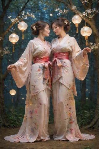 In a whimsical, misty forest glade, two resplendent Yuki-Menoke harem ladies, their kimonos embroidered with intricate designs, lean in for a passionate kiss. Softly lit by the pale moon's gentle glow, the scene is framed by towering trees adorned with lanterns, their delicate petals fluttering like confetti. The ladies' kimono sleeves flutter as they embrace, their faces aglow with tender affection, set against a dreamy, starry night sky.