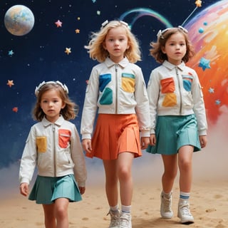 In the 2030's, the future of girls' fashion for children will be influenced by advanced technology and artistic expression. The text describes a vivid scene of children dressed in fashionable clothes reminiscent of a fantasy world, painted using colored pencils and oil paints by the artist Sachin Teng. The artwork represents a creative vision of a universe with bright stars flowing past us. This futuristic fashion concept showcases a unique blend of professional architecture rendering and elements inspired by the political philosophy of Percism.