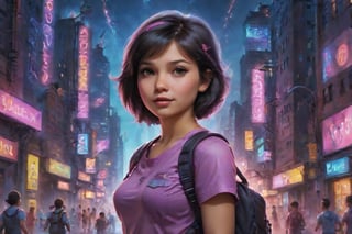 In a gritty cyberpunk metropolis, Dora the Explorer morphs into a stunning digital painting, bathed in neon hues and high-contrast lighting. Her portrait, akin to Henriette Kaarina Amelia von Buttlar's realistic artwork, exudes fashion sense and tenacity. Framed by towering skyscrapers and holographic advertisements, Dora's striking visage dominates the composition, her eyes gleaming like LED lights in a darkened alleyway. Amidst this dystopian landscape, her pose screams defiance, as if ready to conquer the virtual realm with nothing but a backpack full of digital gadgets.,Supersex