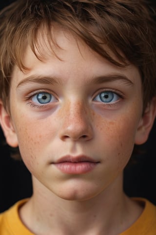A young boy with rich brown hair and piercing blue eyes dominates this intimate close-up portrait. His direct gaze into the camera lens exudes confidence, as he wears a vibrant mustard-colored t-shirt. Freckles scattered across his face add a charming touch of realism. Against the dramatic backdrop of stark black, the boy's warm features and bright attire create a striking visual contrast.