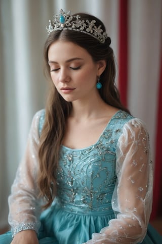 In a medium shot, a serene fair-skinned girl with long brown hair and turquoise dress adorned with silver crown and blue jewels sits in contemplation. Her eyes closed, mouth slightly agape, she wears a white long-sleeved dress with silver sequins and a large flower centerpiece. Pigtails, each ending in a braid, frame her face. The stark white backdrop provides a striking contrast to her vibrant attire, while the red curtain on the left adds a bold pop of color.