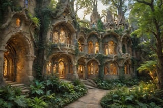 Rivendell's Enchanted Realm: Discover the mystical allure of this otherworldly destination. A serene emerald expanse unfolds before you, cradling majestic Gothic-Revival and Art Nouveau structures that seem to defy gravity. Waterfalls cascade down ancient stone facades, as whimsical Gaudí-inspired details dance in harmony with the soft golden light. The tranquil atmosphere beckons you to wander through lush greenery, where mythical creatures might just be hiding amidst the architectural wonders.