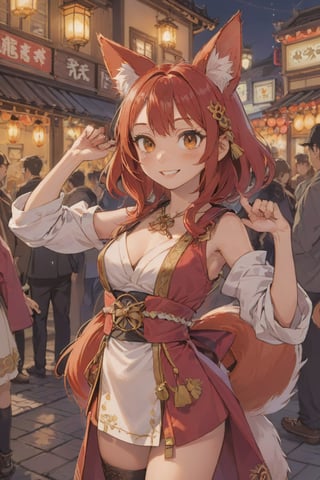 Generate the image of an engaging and vivacious cosplayer dressed in a colorful traditional Japanese outfit, personifying the charming and mystical fox spirit. She stands against a soft, warm glow, illuminating her radiant smile amidst a crowd of excited attendees at a festive event. Her intricate fox crop and red fox ears add to the enchantment, making it impossible to take your eyes off her captivating aura.,1girl,aesthetic