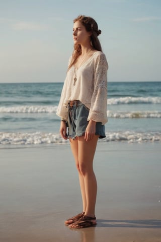 A young woman exudes a hipster vibe in her outfit, standing on a serene beach as she gazes into the distance, embodying a laid-back, bohemian aesthetic.