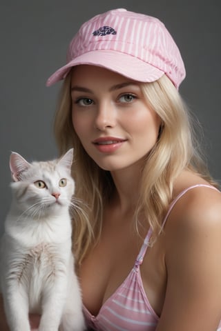 A fair-skinned woman with long blonde hair sits serene against a stark gray backdrop, her figure accentuated by a white one-peace swimsuit. The pink and white striped visor adds a pop of color to her composition. Her left arm is bent at the elbow, while her right arm extends towards the viewer, cradling a gray cat. Her mouth opens slightly, revealing pearly whites. Wide-set eyes lock onto the viewer, inviting a gaze.,Supersex