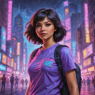 In a gritty cyberpunk metropolis, Dora the Explorer morphs into a stunning digital painting, bathed in neon hues and high-contrast lighting. Her portrait, akin to Henriette Kaarina Amelia von Buttlar's realistic artwork, exudes fashion sense and tenacity. Framed by towering skyscrapers and holographic advertisements, Dora's striking visage dominates the composition, her eyes gleaming like LED lights in a darkened alleyway. Amidst this dystopian landscape, her pose screams defiance, as if ready to conquer the virtual realm with nothing but a backpack full of digital gadgets.