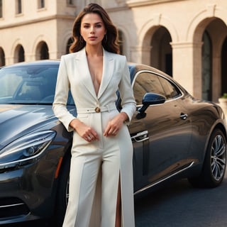 An enticing advertisement featuring a stylish woman donning a stunning outfit, posing confidently with a sophisticated car, showcasing a luxurious lifestyle. The image incorporates a minimalist design, while highlighting the woman's elegance and the car's sleek lines. The advertising campaign aims to capture the attention of potential buyers and leave a lasting impression of the brand.
