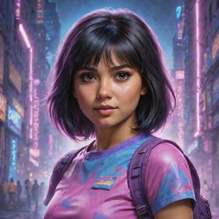 In a captivating Cyberpunk-inspired ArtStation scene, Dora the Explorer transforms into an intricate, hyperrealistic digital painting of astonishing detail, embodying fashionable allure and pushing the boundaries of highly detailed realistic artwork in the realm of hyperrealism portrait. This masterpiece gleams as a striking testament to superlative digital craft

