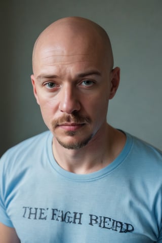 In a medium, eye-level shot, a bald, fair-skinned man with a goatee and mustache gazes downward at the camera, his eyes closed, mouth slightly ajar. He wears a light blue t-shirt with a central blue stripe and the phrase the lord is my shepherd in black letters on the left side, partially visible behind his head. The framing highlights his contemplative expression, with the shirt's design adding a touch of subtle spirituality to the scene.,Supersex