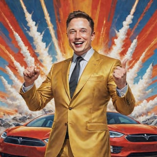 Elon Musk, radiant in a gleaming suit, stands triumphantly amidst a sea of gleaming metallic hues, surrounded by soaring SpaceX rockets and sleek Tesla cars. A triumphant smile spreads across his face as he raises a fist in victory, against a backdrop of bold, red-and-gold stripes. The artwork's composition is reminiscent of classic propaganda posters, with the added twist of playful humor.