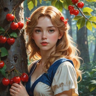 Prompt:  Cute girl gathering cherries on a tree, very long hair, reddish blonde, perfect body, cute face, curvy , insanely detailed art, Renoir Sorolla Degas manet, 8k resolution, lusciously drawn, soft render, ray tracing, unreal engine 5, illustration, by Beeple, WLOP, J. C. Leyendecker stalenhag, Mucha Katsuhiro Otomo by Ruan Jia and Mandy Jurgens and Artgerm and William-Adolphe Bouguereau, featured on artstation, anime style, 4k, in focus, details, hyper realistic,2d rays, cinematic composition, majestic light, 8k resolution, masterpiece, high resolution, award, epic scenery, dark fantasy environment, dnd character Scrolls squats, official studio and professional visual novel cover, fan deviantart Studio,at studio and professional video, by James wain and by Roger Dean and by Ross Tran and by Peter miyakoAnki