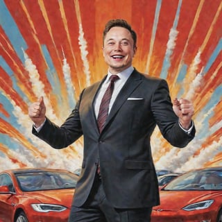 Elon Musk, radiant in a gleaming suit, stands triumphantly amidst a sea of gleaming metallic hues, surrounded by soaring SpaceX rockets and sleek Tesla cars. A triumphant smile spreads across his face as he raises a fist in victory, against a backdrop of bold, red-and-gold stripes. The artwork's composition is reminiscent of classic propaganda posters, with the added twist of playful humor.