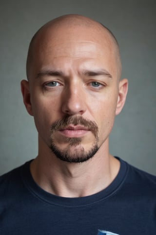 In a medium, eye-level shot, a bald, fair-skinned man with a goatee and mustache gazes downward at the camera, his eyes closed, mouth slightly ajar. He wears a light blue t-shirt with a central blue stripe and the phrase the lord is my shepherd in black letters on the left side, partially visible behind his head. The framing highlights his contemplative expression, with the shirt's design adding a touch of subtle spirituality to the scene.