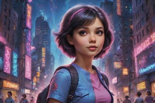 In a gritty cyberpunk metropolis, Dora the Explorer morphs into a stunning digital painting, bathed in neon hues and high-contrast lighting. Her portrait, akin to Henriette Kaarina Amelia von Buttlar's realistic artwork, exudes fashion sense and tenacity. Framed by towering skyscrapers and holographic advertisements, Dora's striking visage dominates the composition, her eyes gleaming like LED lights in a darkened alleyway. Amidst this dystopian landscape, her pose screams defiance, as if ready to conquer the virtual realm with nothing but a backpack full of digital gadgets.,Supersex