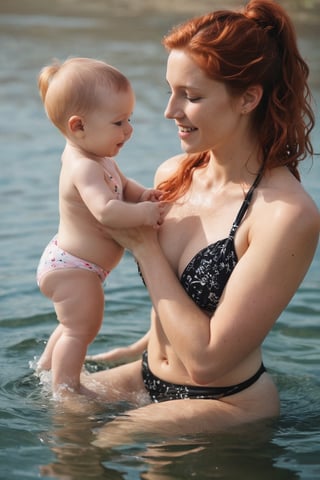 In a medium, eye-level shot, a fair-skinned woman with long, wavy red hair pulled back into a ponytail and a black bikini top featuring a white floral pattern on top and a black pattern on bottom kneels in the water, her knees bent. She holds a baby in a pink swimsuit with a white stripe down the side, who smiles up at her. The woman's hands are clasped in front of her as she gazes lovingly at the child. Water laps gently against their skin, and the baby's tiny feet splash playfully.