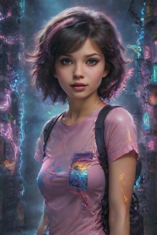 In a gritty cyberpunk metropolis, Dora the Explorer morphs into a stunning digital painting, bathed in neon hues and high-contrast lighting. Her portrait, akin to Henriette Kaarina Amelia von Buttlar's realistic artwork, exudes fashion sense and tenacity. Framed by towering skyscrapers and holographic advertisements, Dora's striking visage dominates the composition, her eyes gleaming like LED lights in a darkened alleyway. Amidst this dystopian landscape, her pose screams defiance, as if ready to conquer the virtual realm with nothing but a backpack full of digital gadgets.,Supersex