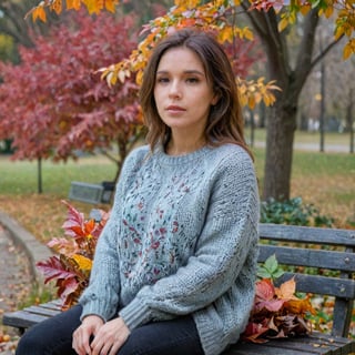 Beautiful woman, contemplative and reflective, sitting on a bench, cozy sweater, autumn park with colorful leaves, soft overcast light, muted color photography style, 4K quality.