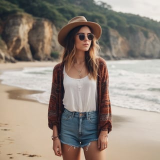 A young woman exudes a hipster vibe in her outfit, standing on a serene beach as she gazes into the distance, embodying a laid-back, bohemian aesthetic.