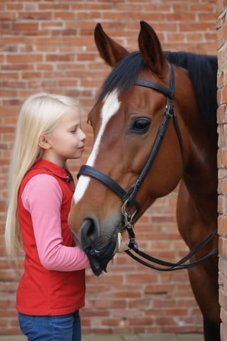 eye-level indoors, a fair-skinned woman with long brown hair and a pink shirt is the focal point of this shot. she's smiling warmly at the camera, her gaze directed towards the left side of the frame. in the foreground, a fair-skinned child with a black helmet and a red jacket is standing, his left hand gently touching the horse's nose. the child is dressed in blue jeans and black boots, and his left arm is bent at the elbow, revealing a black helmet underneath. the horse, a light brown with a white mane, is adorned with a red halter and a white and red bridle. the child's left hand is gently touching the horse's nose, while his right hand is bent at the elbow, revealing a black helmet underneath. the horse, a light brown with a white mane, is standing in a stable, surrounded by a brick wall. the stable is filled with a variety of bricks, including red bricks, white bricks, and a brick wall. the walls are adorned with vines and flowers, adding a touch of nature to the scene.