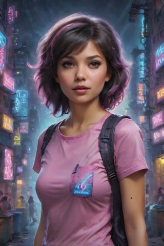 In a gritty cyberpunk metropolis, Dora the Explorer morphs into a stunning digital painting, bathed in neon hues and high-contrast lighting. Her portrait, akin to Henriette Kaarina Amelia von Buttlar's realistic artwork, exudes fashion sense and tenacity. Framed by towering skyscrapers and holographic advertisements, Dora's striking visage dominates the composition, her eyes gleaming like LED lights in a darkened alleyway. Amidst this dystopian landscape, her pose screams defiance, as if ready to conquer the virtual realm with nothing but a backpack full of digital gadgets.,Supersex