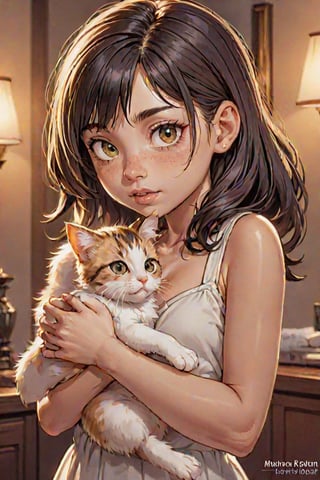 A stunning oil painting of a glamorous portrait of a little girl cradling a kitten in her arms. The image is bathed in cinematic lighting that creates a warm and evocative glow on the scene. The depth of field is beautifully crafted, drawing attention to the tender moment between the child and her beloved pet. The artwork captures an intriguing combination of hyperrealistic detail, precise architectural lighting, plastic and neon-like materials. Additionally, there are precisely anatomical elements which give a sense of realism to the image. The whole piece is masterfully crafted with great attention paid to every detail in order to create a truly stunning visual experience