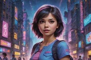 In a gritty cyberpunk metropolis, Dora the Explorer morphs into a stunning digital painting, bathed in neon hues and high-contrast lighting. Her portrait, akin to Henriette Kaarina Amelia von Buttlar's realistic artwork, exudes fashion sense and tenacity. Framed by towering skyscrapers and holographic advertisements, Dora's striking visage dominates the composition, her eyes gleaming like LED lights in a darkened alleyway. Amidst this dystopian landscape, her pose screams defiance, as if ready to conquer the virtual realm with nothing but a backpack full of digital gadgets.,Supersex