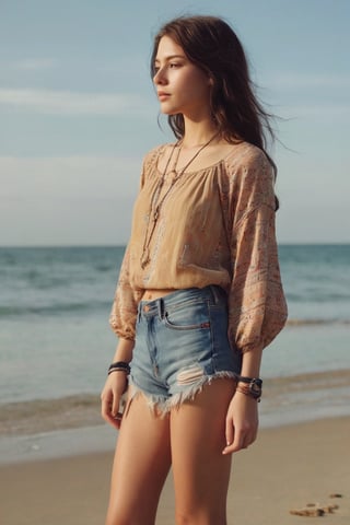 A young woman exudes a hipster vibe in her outfit, standing on a serene beach as she gazes into the distance, embodying a laid-back, bohemian aesthetic.