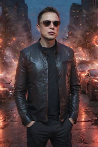 A darkened cityscape at dusk, with neon lights reflecting off the wet pavement. Elon Musk, dressed in a black leather jacket and sunglasses, stands tall, his eyes glowing red as he summons an army of miniature electric cars to do his bidding. His right hand holds a Tesla Cybertruck, its metallic body emblazoned with a sinister grin.