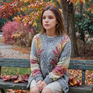 Beautiful woman, contemplative and reflective, sitting on a bench, cozy sweater, autumn park with colorful leaves, soft overcast light, muted color photography style, 4K quality.