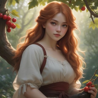  Cute girl gathering cherries on a tree, very long hair, reddish blonde, perfect body, cute face, curvy , insanely detailed art, Renoir Sorolla Degas manet, 8k resolution, lusciously drawn, soft render, ray tracing, unreal engine 5, illustration, by Beeple, WLOP, J. C. Leyendecker stalenhag, Mucha Katsuhiro Otomo by Ruan Jia and Mandy Jurgens and Artgerm and William-Adolphe Bouguereau, featured on artstation, anime style, 4k, in focus, details, hyper realistic,2d rays, cinematic composition, majestic light, 8k resolution, masterpiece, high resolution, award, epic scenery, dark fantasy environment, dnd character Scrolls squats, official studio and professional visual novel cover, fan deviantart Studio,at studio and professional video, by James wain and by Roger Dean and by Ross Tran and by Peter miyakoAnki