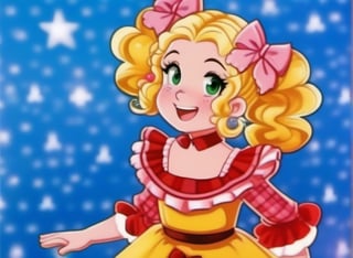 realistic, portrait of a girl, two pigtails, ((volume blonde wave hair)), defined waves, medium hair worn in side pigtails with pink bows, analog film still, candy candy character, (girl with freckles), large green eyes, 19th century dress,  prairie background 