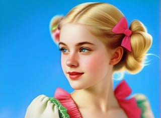 realistic, portrait of a young woman, two pigtails, ((volume blonde wave hair)), defined waves, medium hair worn in side pigtails with pink bows, analog film still, candy candy character, (girl with freckles), large green eyes, 19th century dress,  prairie background ,Extremely Realistic