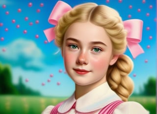realistic, portrait of a young woman, two pigtails, ((volume blonde wave hair)), defined waves, medium hair worn in side pigtails with pink bows, analog film still, candy candy character, (girl with freckles), large green eyes, 19th century dress,  prairie background ,Extremely Realistic