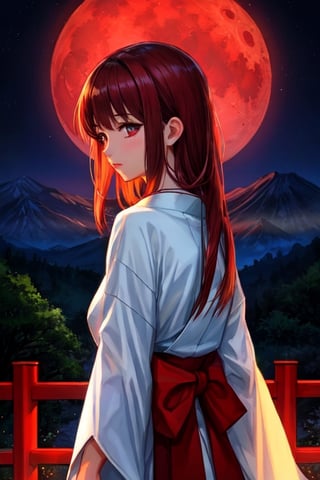 girl, japanese, dark red hair, looking side, ornament in hair, ancient jewlery, cinematic lighting, ethereal glow, photo realistic, vibrant colors, ancient japanese enviroment, castle, mountains, night, red moon, fantasy art, disney pixar style, ethereal glow, forest, best quality, masterpiece