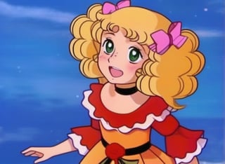 anime type, portrait of a girl, two pigtails, ((volume blonde wave hair)), defined waves, medium hair worn in side pigtails with pink bows, analog film still, candy candy character, (girl with freckles), large green eyes, 19th century dress,  prairie background,r0b0cap