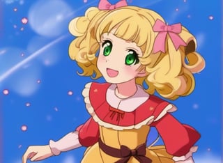 anime type, portrait of a girl, two pigtails, ((volume blonde wave hair)), defined waves, medium hair worn in side pigtails with pink bows, analog film still, candy candy character, (girl with freckles), large green eyes, 19th century dress,  prairie background,r0b0cap